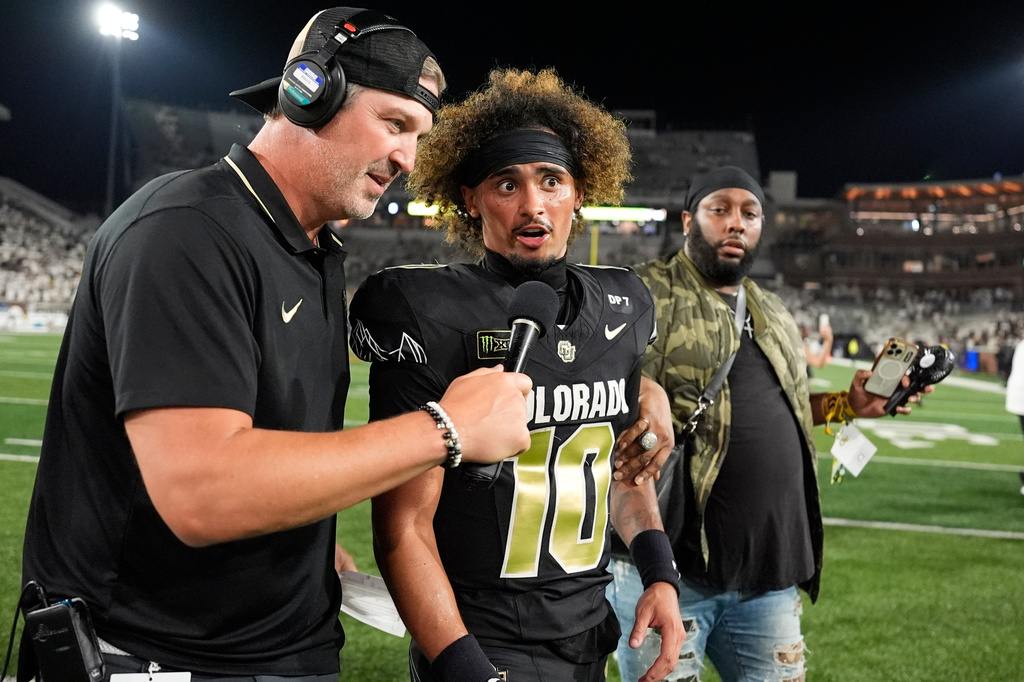 Colorado quarterback Julian Lewis (10) walks off the field after an NCAA college football game between Georgia Tech and Colorado, Thursday, Sept. 3, 2026, in Atlanta. (AP Photo/Mike Stewart)