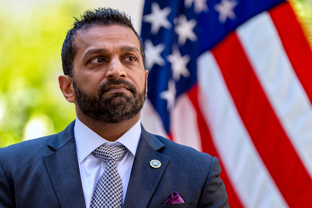 FILE - FBI Director Kash Patel listens during a news conference at the Department of Justice, May 7, 2025, in Washington. (AP Photo/Alex Brandon, File)