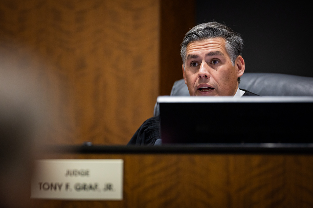 Fourth District Court Judge Tony Graf speaks during a preliminary hearing for Tyler Robinson, the Utah man accused of fatally shooting Charlie Kirk, at the 4th District Court in Provo, Utah, Friday, July 10, 2026. (Tess Crowley/The Deseret News via AP, Pool)