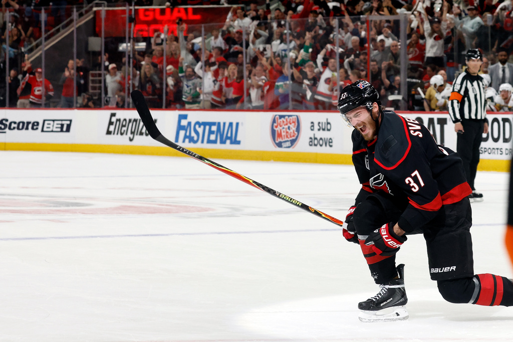Carolina Hurricanes' Andrei Svechnikov celebrates his goal during the second period in Game 5 of the NHL hockey Stanley Cup Final series against the Vegas Golden Knights in Raleigh, N.C., Thursday, June 11, 2026. (AP Photo/Karl DeBlaker)