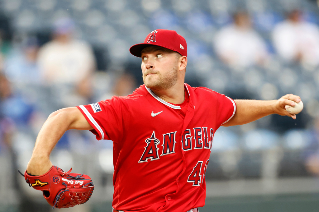 Los Angeles Angels pitcher Reid Detmers delivers to a Kansas City Royals batter during the first inning of a baseball game in Kansas City, Mo., Sunday, April 26, 2026. (AP Photo/Colin E. Braley)
