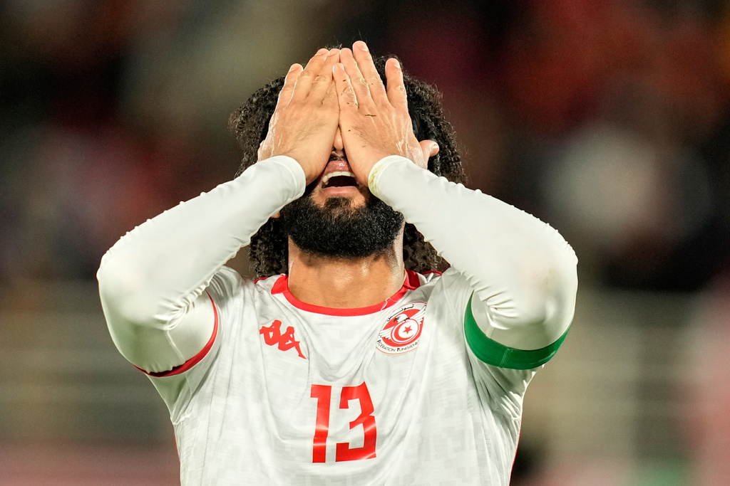 Tunisia's Ferjani Sassi reacts during the Africa Cup of Nations group C soccer match between Nigeria and Tunisia in Fez, Morocco, Saturday, Dec. 27, 2025. (AP Photo/Mosa'ab Elshamy)