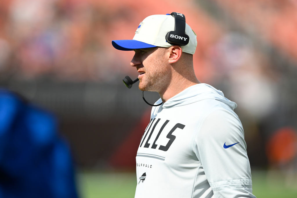 Buffalo Bills head coach Joe Brady stands on the sideline during the second half of an NFL preseason football game against the Cleveland Browns, Saturday, Aug. 22, 2026, in Cleveland. (AP Photo/David Richard)