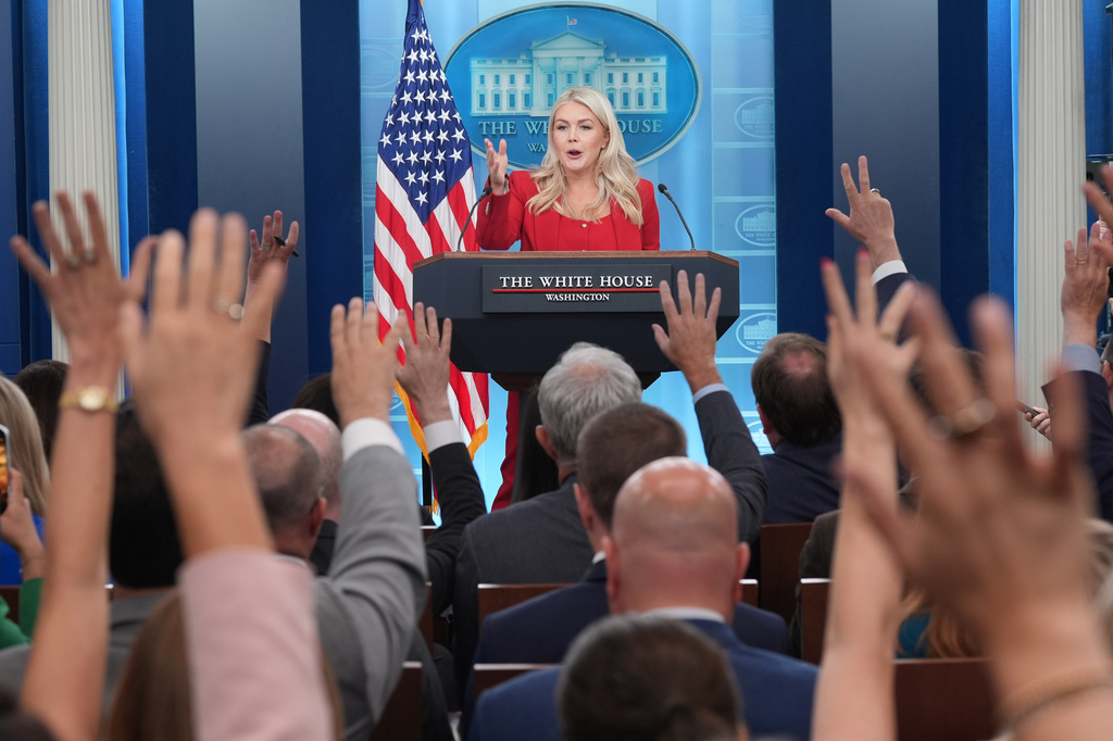 FILE - White House press secretary Karoline Leavitt speaks with reporters in the James Brady Press Briefing Room at the White House, July 23, 2026, in Washington. (AP Photo/Alex Brandon, File)