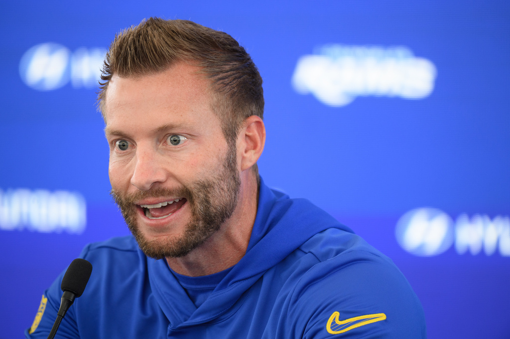 Los Angeles Rams coach Sean McVay speaks to the media during a press conference following the NFL football team's practice, Tuesday, June 2, 2026, in Woodland Hills, Calif. (AP Photo/Kyusung Gong)