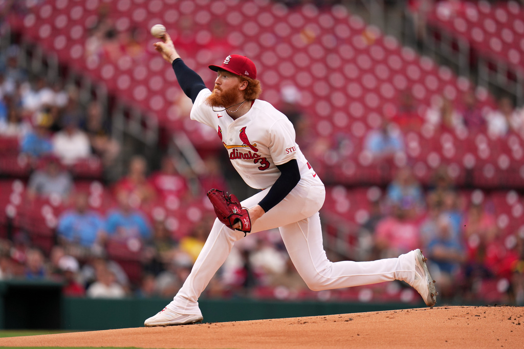 St. Louis Cardinals starting pitcher Dustin May throws during the first inning of a baseball game against the Milwaukee Brewers Monday, July 6, 2026, in St. Louis. (AP Photo/Jeff Roberson)