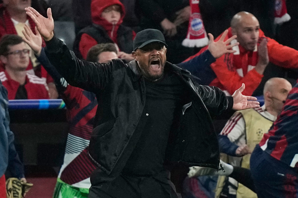 Bayern head coach Vincent Kompany reacts to a referee call during the Champions League semifinal second leg soccer match between Bayern Munich and Paris Saint Germain in Munich, Germany, Wednesday, May 6, 2026. (AP Photo/Matthias Schrader)