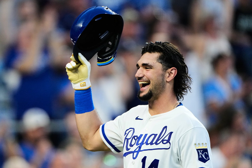 Kansas City Royals' Jac Caglianone crosses the plate after hitting a two-run home run during the sixth inning of a baseball game against the Texas Rangers, Tuesday, June 9, 2026, in Kansas City, Mo. (AP Photo/Charlie Riedel)