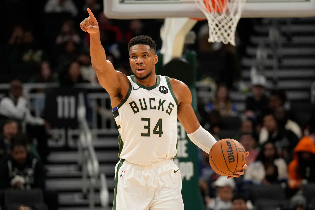 Milwaukee Bucks forward Giannis Antetokounmpo calls a play during the first half of a preseason NBA basketball game against the Oklahoma City Thunder on Tuesday, Oct. 14, 2025, in Milwaukee. (AP Photo/Kayla Wolf)