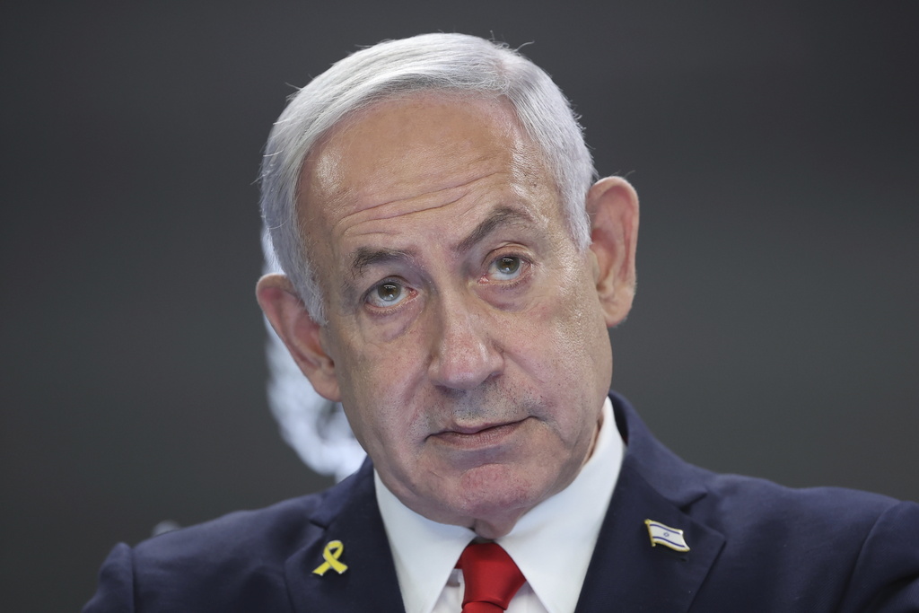 Israeli Prime Minister Benjamin Netanyahu speaks during a press conference at the Prime minister's office in Jerusalem, Sunday, Aug. 10, 2025. (Abir Sultan/Pool Photo via AP)
