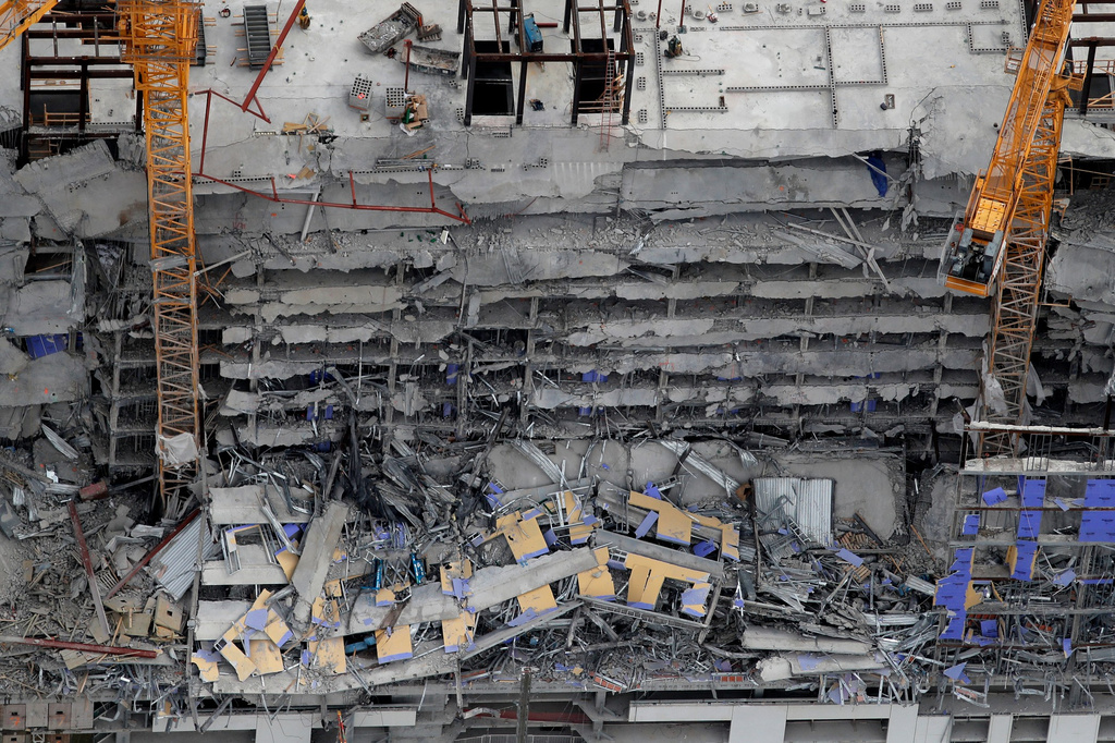 FILE - This aerial photo shows the Hard Rock Hotel, which was under construction, after a fatal partial collapse in New Orleans on Oct. 12, 2019. (AP Photo/Gerald Herbert, File)