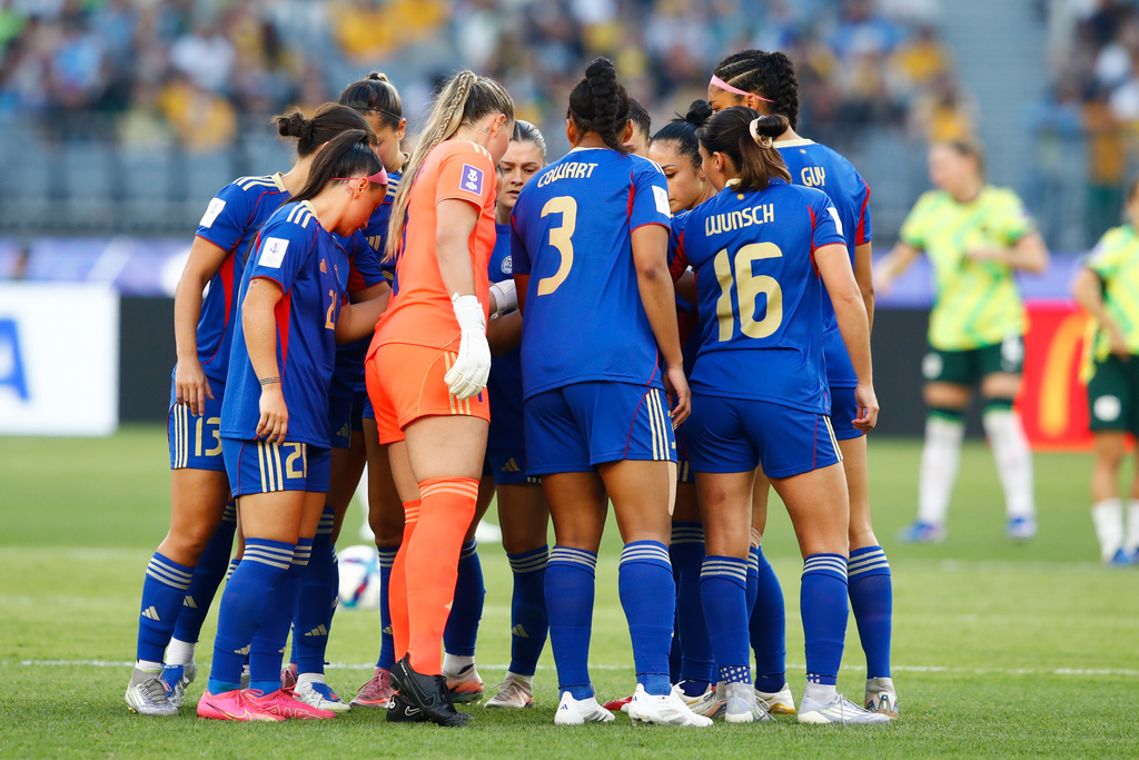 Philippines players react ahead of the second half of the Women's Asia Cup soccer match between Australia and the Philippines in Perth, Australia, Sunday, March 1, 2026. (AP Photo/Gary Day)
