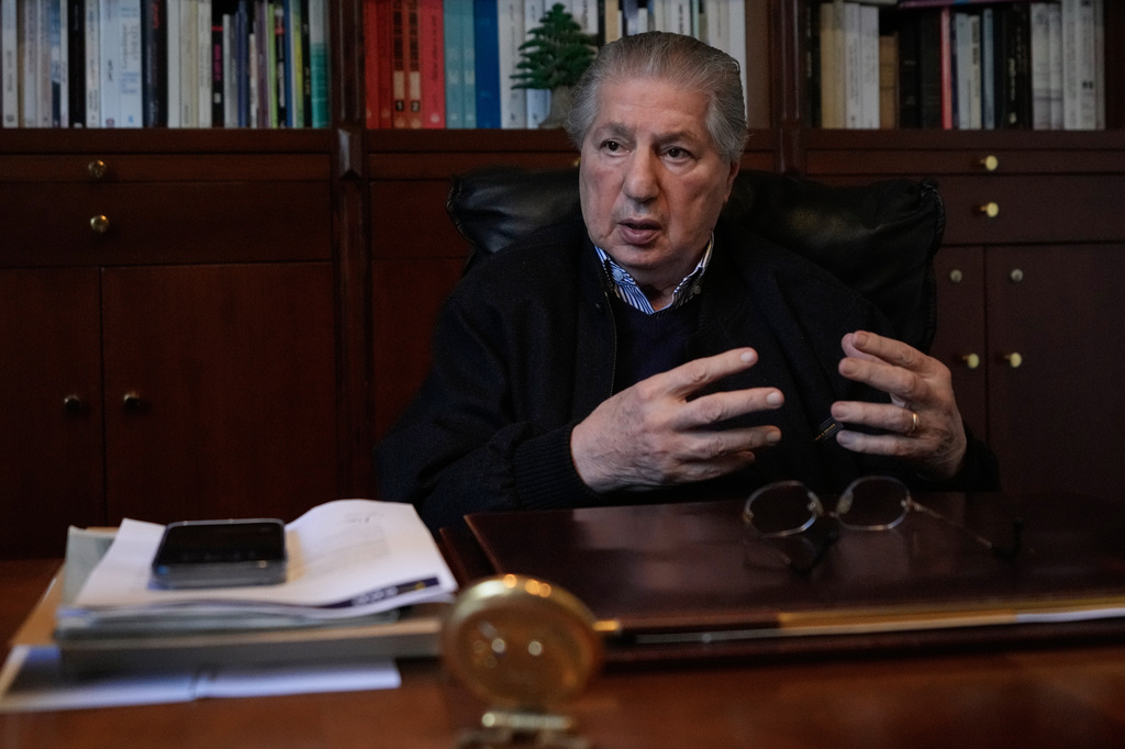 Former Lebanese President Amin Gemayel speaks during an interview with the Associated Press, in Bikfaya, Lebanon, Wednesday, April 29, 2026. (AP Photo/Hussein Malla)