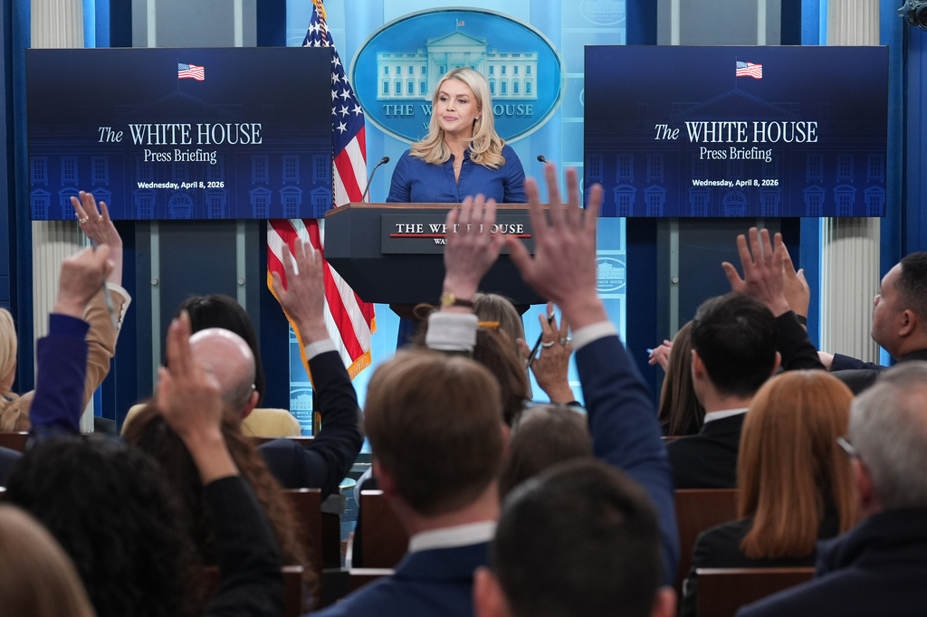 White House press secretary Karoline Leavitt speaks with reporters in the James Brady Press Briefing Room at the White House, Wednesday, April 8, 2026, in Washington. (AP Photo/Alex Brandon)
