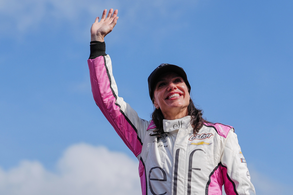 Katherine Legge is introduced to fans prior to a NASCAR Cup Series auto race, Sunday, May 24, 2026, in Charlotte, N.C. (AP Photo/Matt Kelley)
