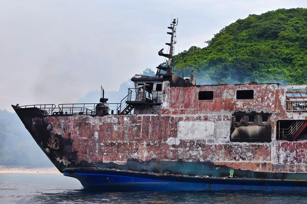 This photo provided by the Philippine Coast Guard, shows remains of ferry MV June Aster that caught fire off Palawan province, western Philippines on Thursday Sept. 10, 2026. (Philippine Coast Guard via AP)