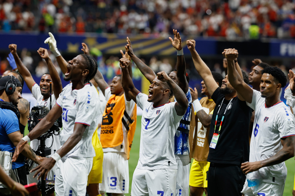 Cape Verde players celebrate after the World Cup Group H soccer match between Spain and Cape Verde in Atlanta, Monday, June 15, 2026. (AP Photo/Erik S. Lesser)