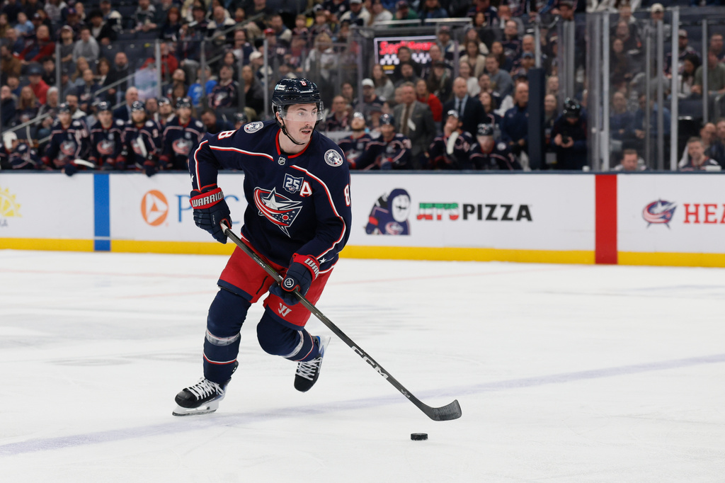 FILE - Columbus Blue Jackets' Zach Werenski plays against the Los Angeles Kings during an NHL hockey game, March 9, 2026, in Columbus, Ohio. (AP Photo/Jay LaPrete, File)