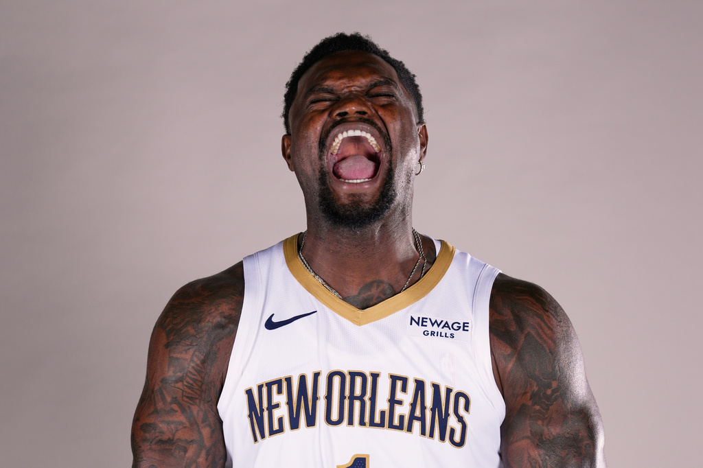 New Orleans Pelicans forward Zion Williamson poses for photos during the NBA basketball team's media day, Monday, Sept. 28, 2026, in New Orleans. (AP Photo/Gerald Herbert)