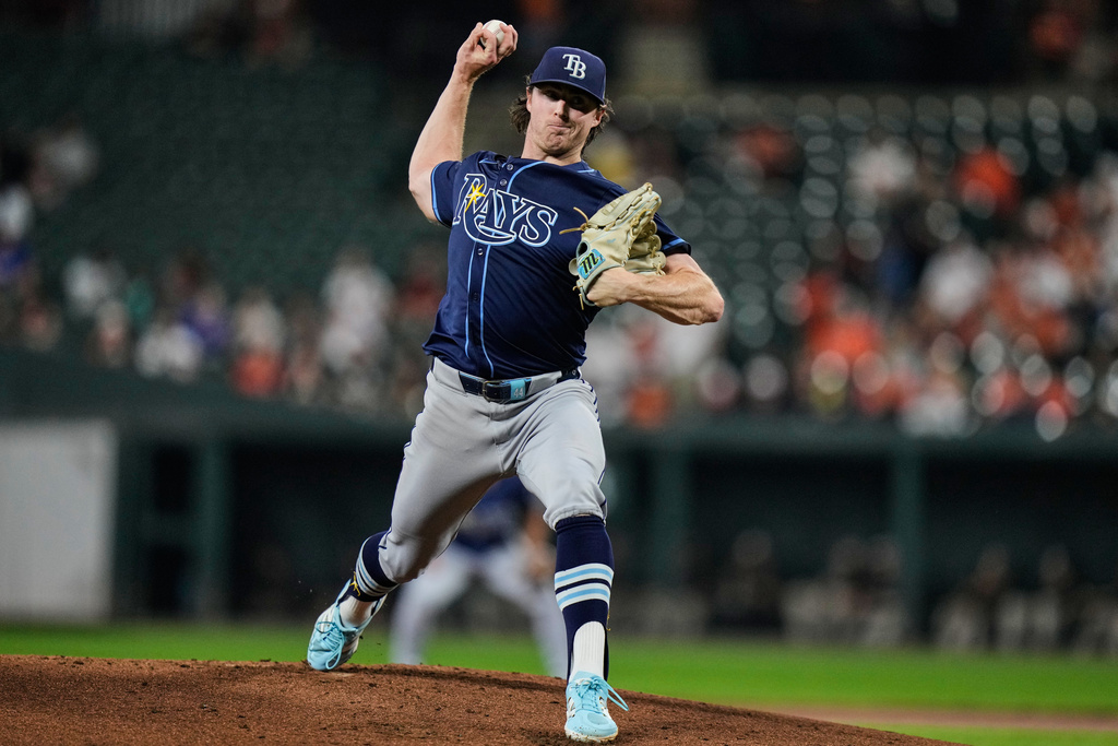 Tampa Bay Rays starting pitcher Ryan Pepiot delivers during the first inning of a baseball game against the Baltimore Orioles, Tuesday, Sept. 23, 2025, in Baltimore. (AP Photo/Stephanie Scarbrough)