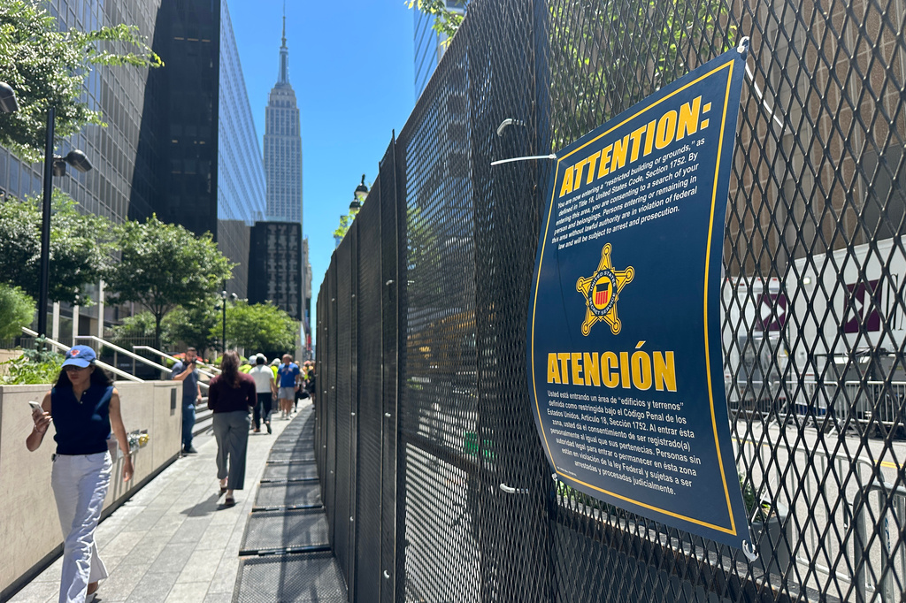 Security fencing is set up outside of Madison Square Garden in New York, Monday, June 8, 2026, as President Donald Trump is set to attend Game 3 of the NBA Finals basketball series between the New York Knicks and the San Antonio Spurs. (AP Photo/Ted Shaffrey)