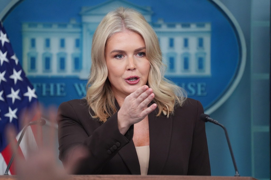White House press secretary Karoline Leavitt speaks at a press briefing in the James Brady Press Briefing room at the White House, Monday, Oct. 6, 2025, in Washington. (AP Photo/Evan Vucci)