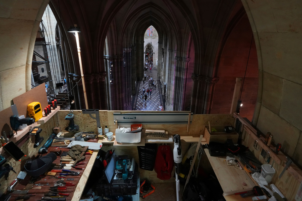 FILE - A makeshift work room is seen during the installation of a new organ at Prague's St. Vitus Cathedral that is coming to its final stages in Prague, Czech Republic, Tuesday, July 22, 2025. (AP Photo/Petr David Josek, File)