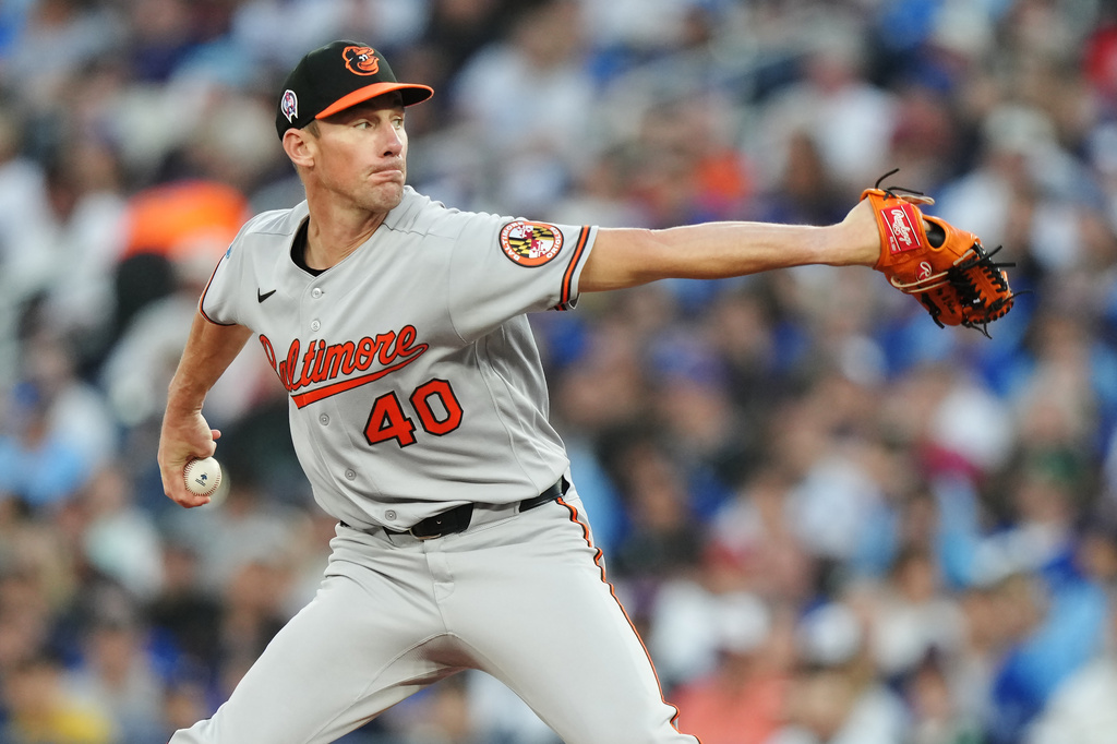 Baltimore Orioles pitcher Chris Bassitt (40) works against the Toronto Blue Jays during the first inning of a baseball game in Toronto on Friday, Sept. 11, 2026. (Nathan Denette/The Canadian Press via AP)