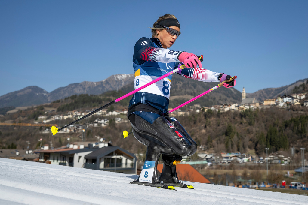 Oksana Masters of the US competes during the Para Biathlon Men's Individual Sitting competition at the 2026 Winter Paralympics, in Tesero, Italy, Sunday March 8, 2026. (Joel Marklund/OIS/IOC via AP)