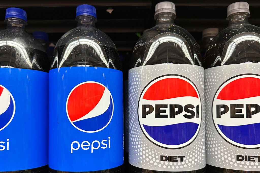 FILE - Plastic bottles of Pepsi are displayed at a grocery store, Nov. 15, 2023, in New York. (AP Photo/Ted Shaffrey, File)