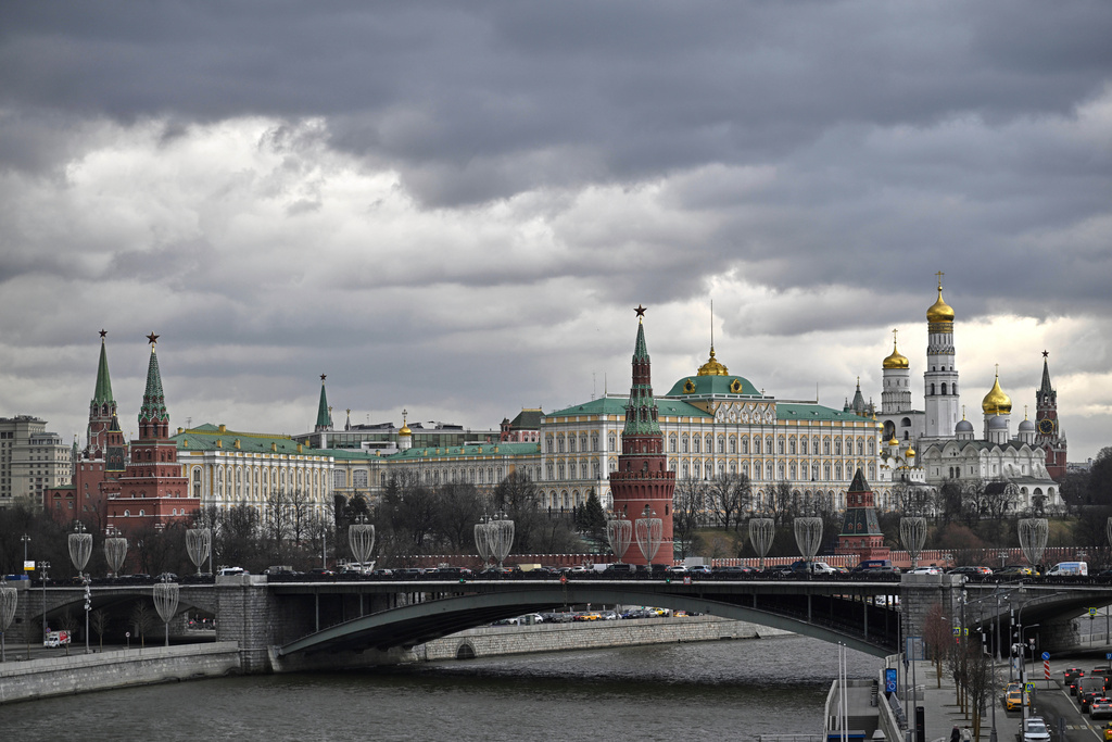 FILE - The Kremlin and the Grand Kremlin Palace, center right, are seen along the Moscow River in Moscow, Russia, on March 14, 2025. (AP Photo/Dmitry Serebryakov, File)