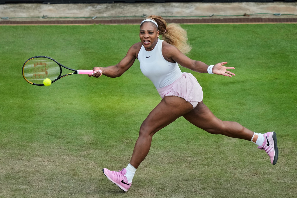 Serena Williams of the U.S. returns the ball as she and Czech Republic's Karolina Muchova play during their round of 16 doubles match against New Zealand's Erin Routliffe and Mexico's Giuliana Olmo during the WTA 500 Berlin Open tennis tournament at Steffi Graf Stadium, in Berlin, Germany, Tuesday, June 16, 2026. (AP Photo/Ebrahim Noroozi)