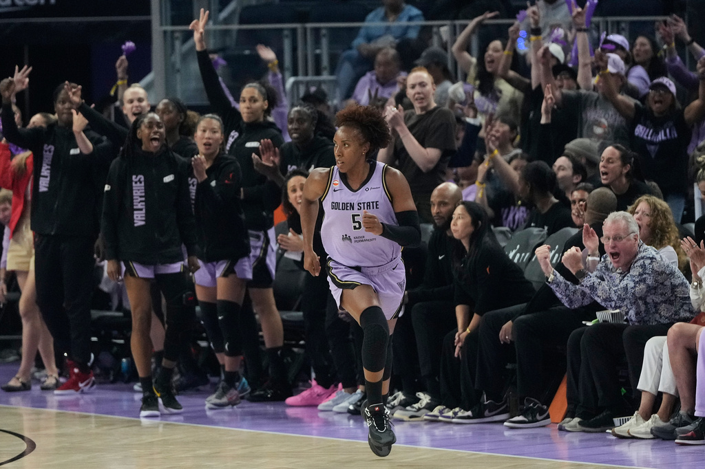 Golden State Valkyries forward Kayla Thornton (5) runs up the court after scoring against the Minnesota Lynx during the first half of a WNBA basketball game in San Francisco, Wednesday, Aug. 19, 2026. (AP Photo/Jeff Chiu)
