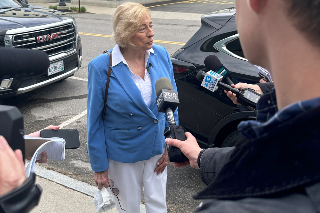 Maine Gov. Janet Mills talks to reporters Friday, April 17, 2026, in South Portland, Maine. (AP Photo/Patrick Whittle)