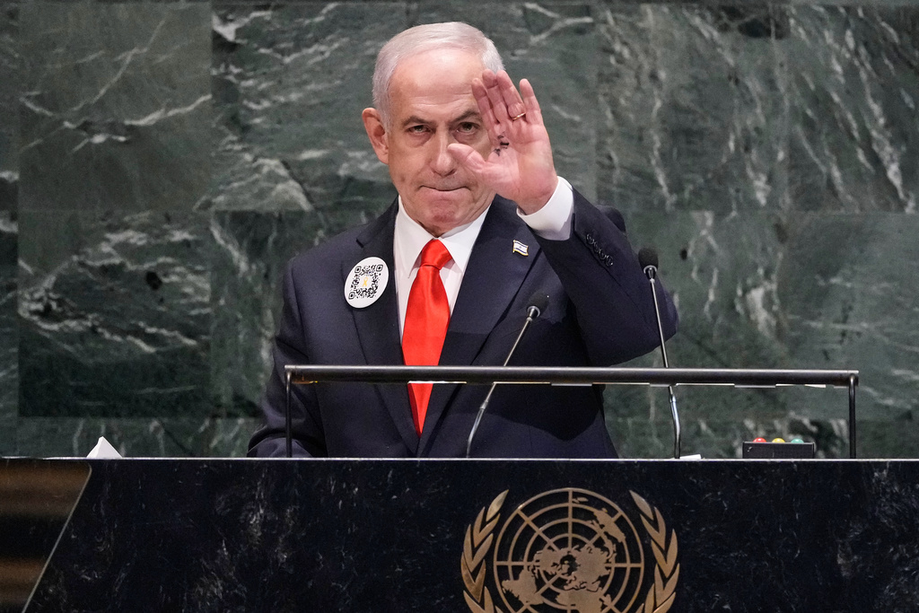 Israel Prime Minister Benjamin Netanyahu finishes his address to the 80th session of the United Nations General Assembly, Friday, Sept. 26, 2025. (AP Photo/Richard Drew)