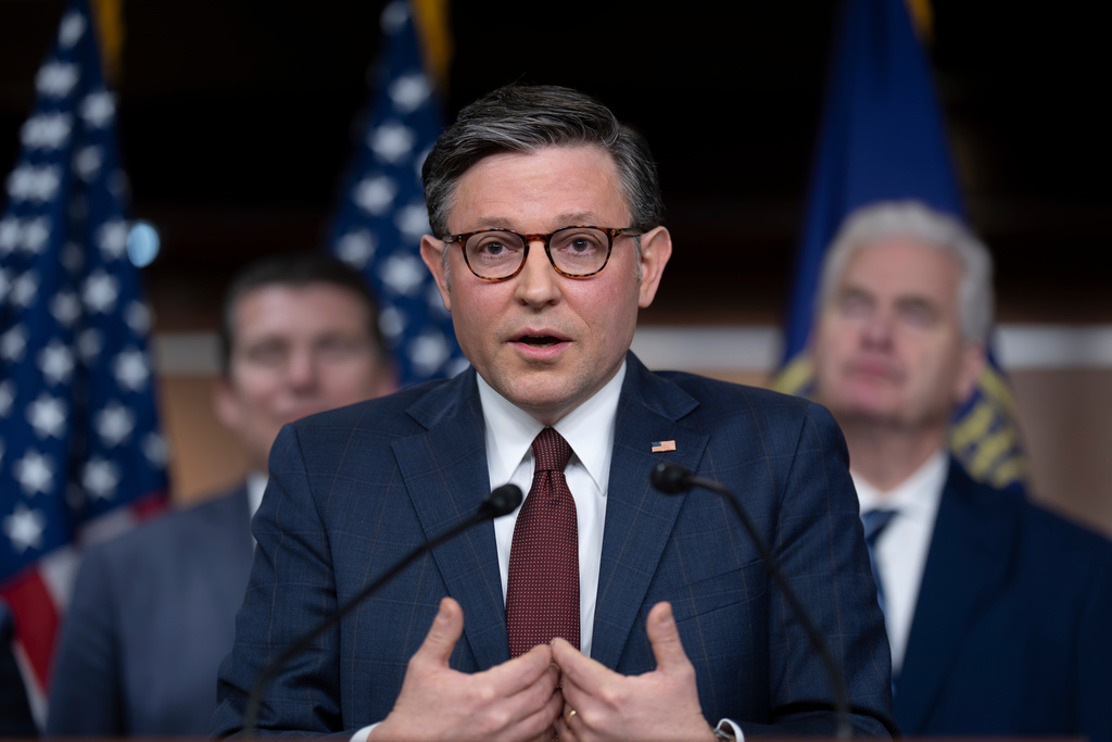 Speaker of the House Mike Johnson, R-La., speaks during as news conference at the Capitol in Washington, Wednesday, March 25, 2026. (AP Photo/J. Scott Applewhite)