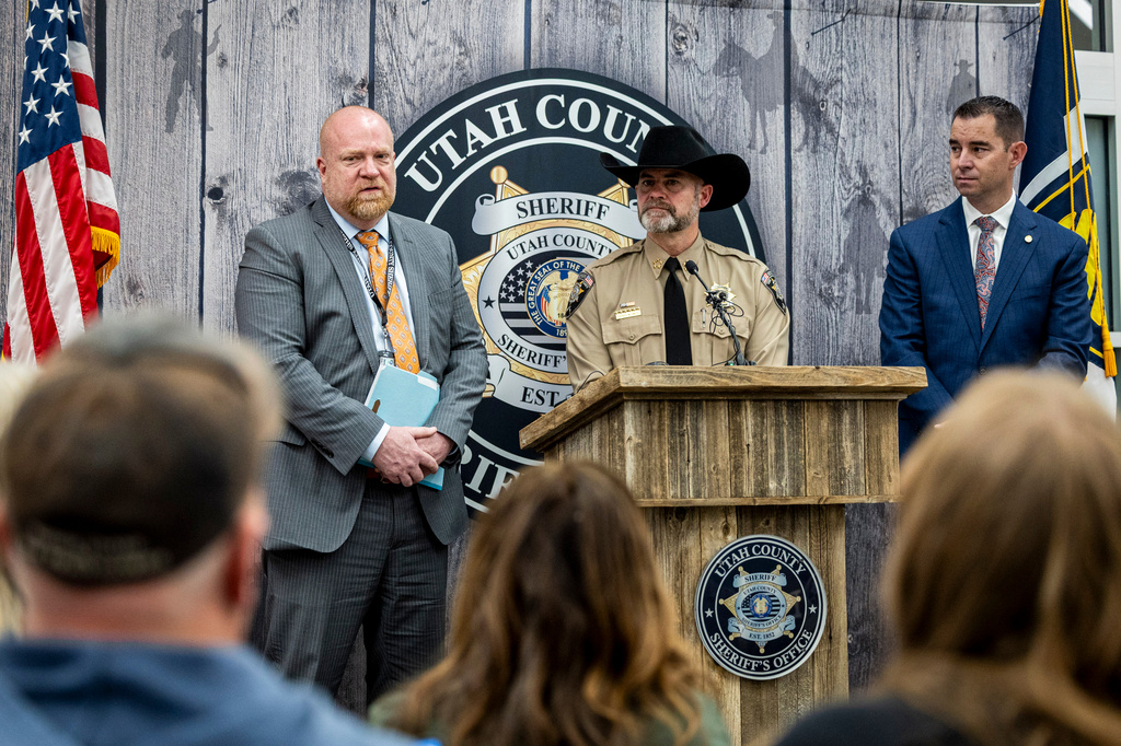 Utah County Sheriff Sgt. Mike Reynolds, from left, speaks as he and Utah County Sheriff Mike Smith and Beau Mason, commissioner of the Utah Department of Public Safety, field questions at the end of a news conference announcing that definitive evidence has linked Ted Bundy to the murder of Laura Ann Aime, at the Utah County Sheriff's Office, in Spanish Fork, Utah, Wednesday, April 1, 2026. (Isaac Hale/The Deseret News via AP)