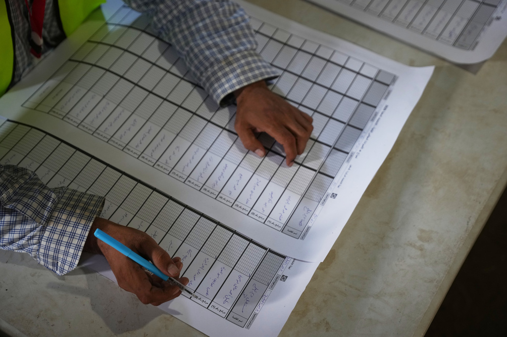 The election committee is sorting the lists of candidates during local elections first in two decades in Gaza and the first in the occupied West Bank since the start of the Israel-Hamas war in Deir al-Balah, central Gaza Strip, Saturday, April 25, 2026. (AP Photo/Abdel Kareem Hana)