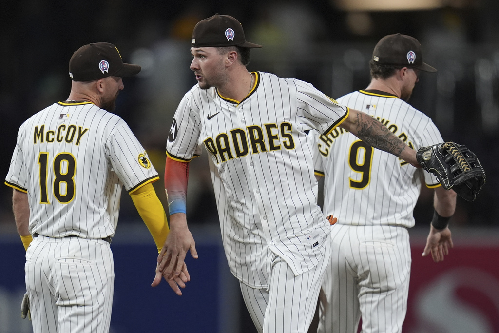 San Diego Padres center fielder Jackson Merrill, center, celebrates with teammates shortstop Jake Cronenworth (9) and Mason McCoy after the Padres defeated the Colorado Rockies 2-0 in a baseball game Thursday, Sept. 11, 2025, in San Diego. (AP Photo/Gregory Bull)