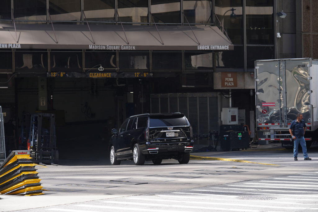A black vehicle enters Madison Square Garden ahead of a reported wedding between Taylor Swift and National Football League player Travis Kelce on Thursday, July 2, 2026, in New York. (AP Photo/Ryan Murphy)