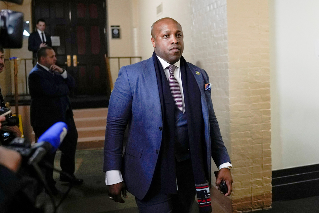 FILE - Rep.-elect Wesley Hunt, R-Texas, walks past reporters at the U.S. Capitol in Washington, Jan 3, 2023. (AP Photo/Carolyn Kaster, File)