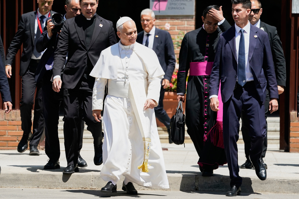 Pope Leo XIV leaves after meeting with Spain's bishops at the Spanish Episcopal Conference in Madrid, Spain, Monday, June 8, 2026. (AP Photo/Andrea Comas)