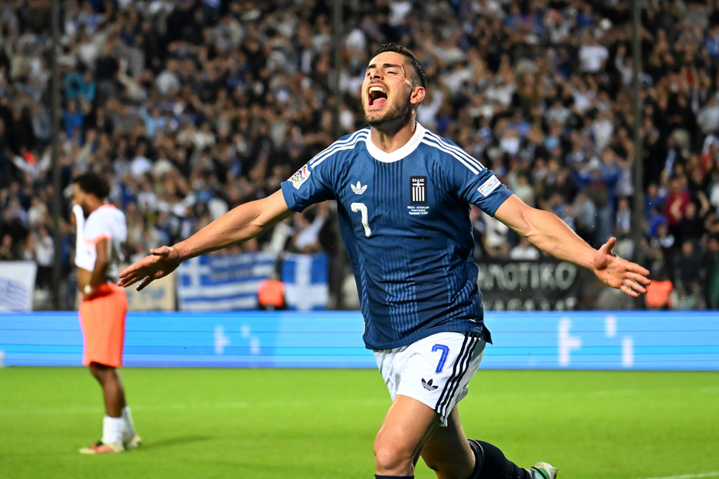 Greece's Giorgos Masouras celebrates after scoring his side's second goal during the UEFA Nations League soccer match between Greece and Netherlands in Thessaloniki, northern Greece, Thursday, Oct. 1, 2026. (AP Photo/Giannis Papanikos)