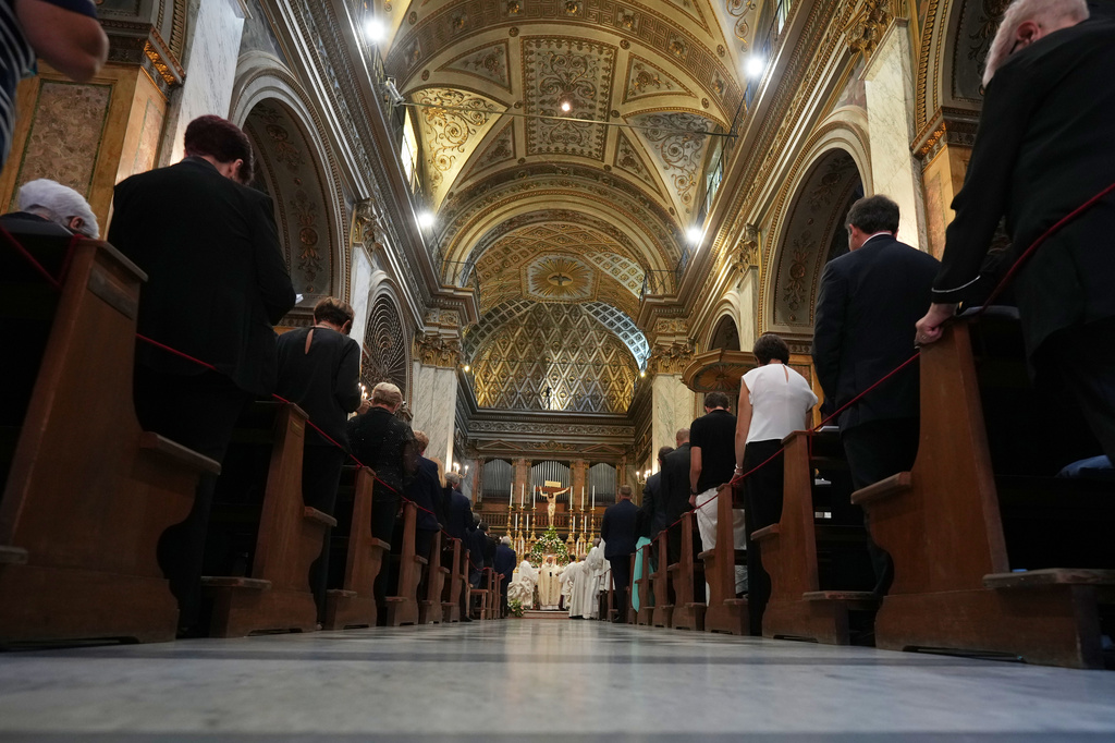 Pope Leo XIV celebrates a mass at the Basilica Sanctuary of the Mother of Good Counsel in Genazzano, central Italy, Monday, Sept. 7, 2026. (AP Photo/Andrew Medichini)