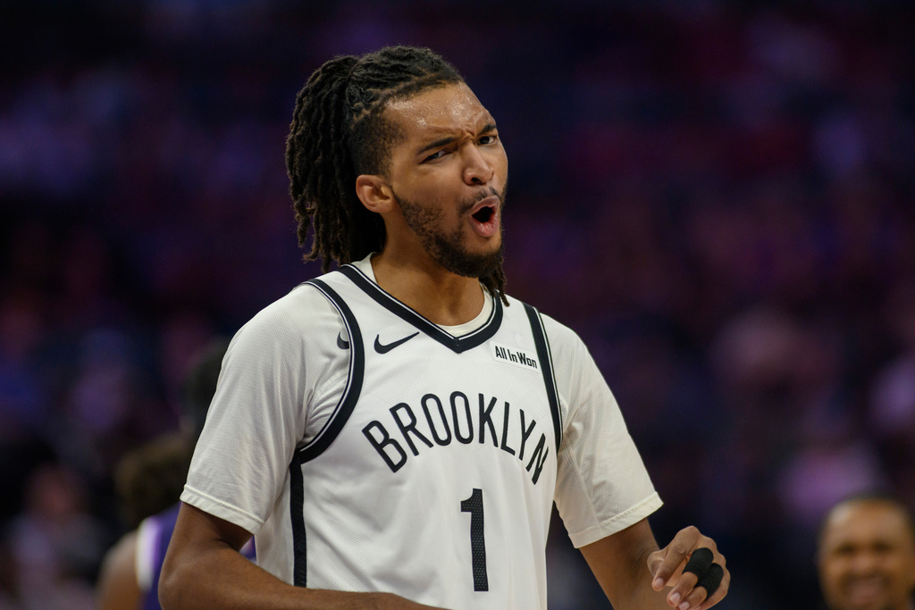 Brooklyn Nets forward Ziaire Williams (1) reacts to an official's call during the second half of an NBA basketball game against the Sacramento Kings in Sacramento, Calif., Sunday, March 22, 2026. The Kings won 127-106. (AP Photo/Randall Benton)