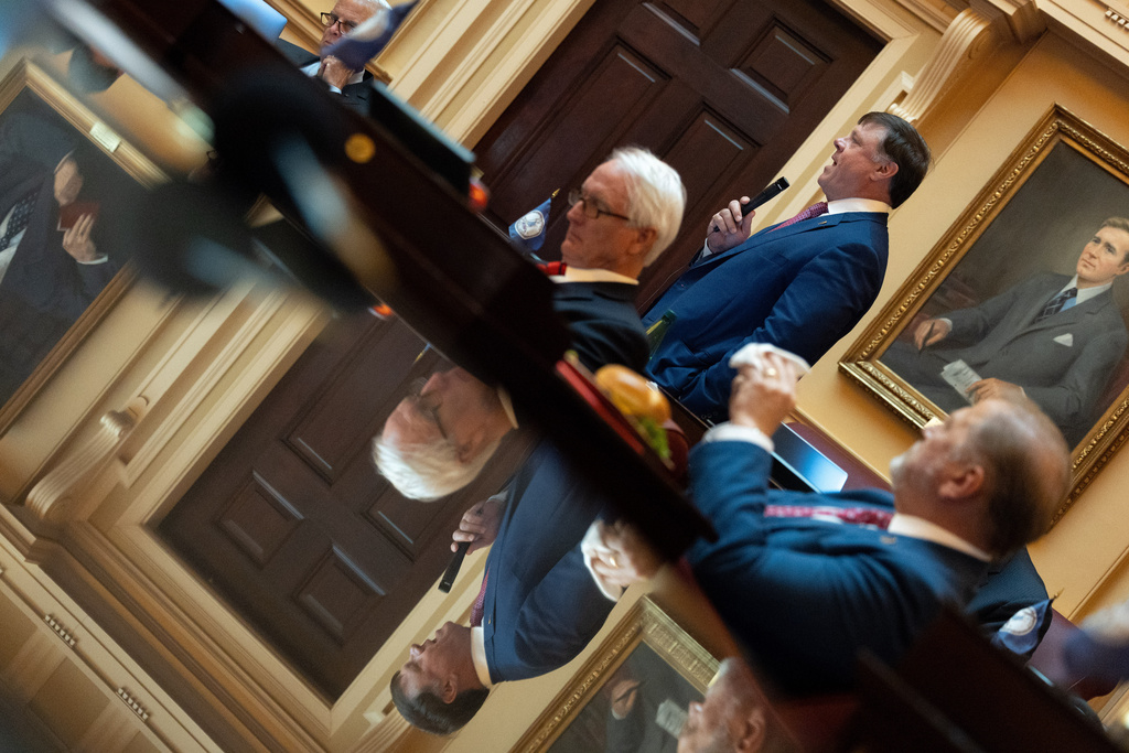 Sen. Ryan McDugall, R-Hanover, speaks during a special legislative session, Monday, Oct. 27, 2025, in Richmond, Va. (Mike Kropf/Richmond Times-Dispatch via AP)