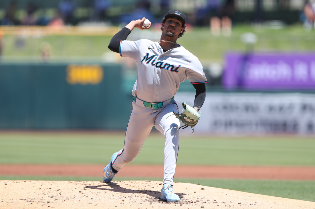 Miami Marlins pitcher Eury Pérez throws to an Athletics batter during the first inning of a baseball game Sunday, July 5, 2026, in West Sacramento, Calif. (AP Photo/Scott Marshall)