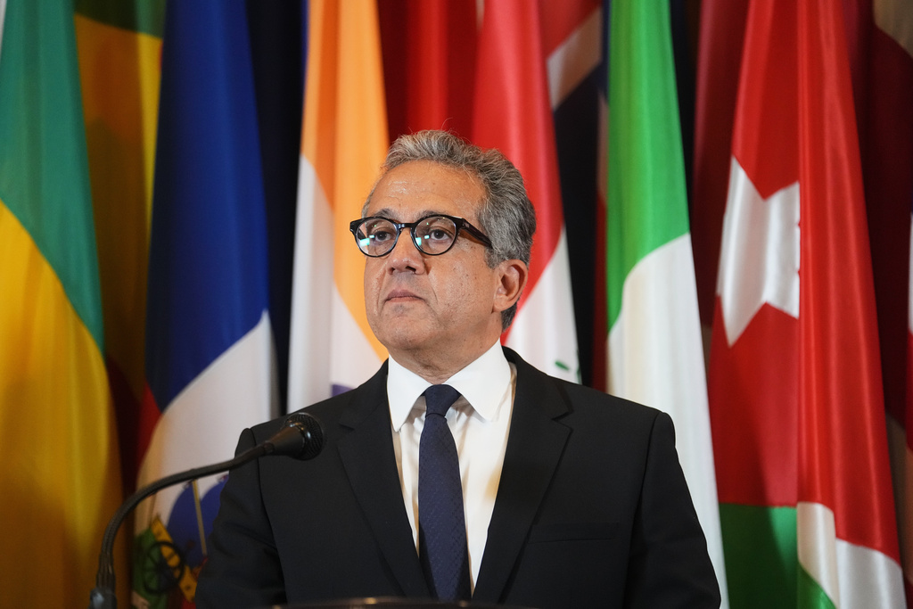 Egypt's Khaled El Enany speaks to the press after being elected Secretary-General by UNESCO executive board members, at the UNESCO headquarters in Paris, Monday, Oct. 6, 2025. (AP Photo/Thibault Camus)