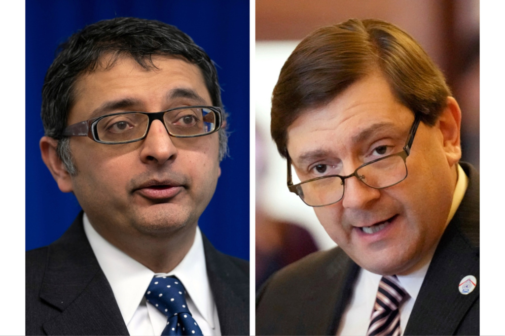In this combination of photos taken in Augusta, Maine news conferences, Nirav Shah, left, speaks April 28, 2020, and Troy Jackson speaks, Jan. 17, 2023. (AP Photos/Robert F. Bukaty)
