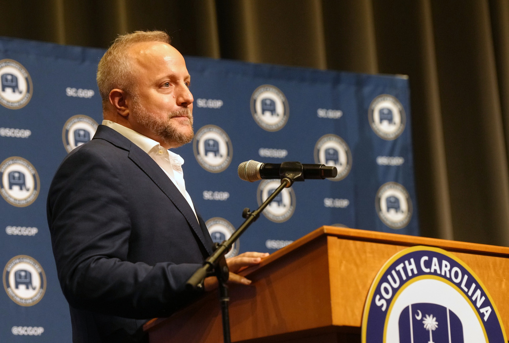 Rep. Russell Fry, R-S.C., speaks at a Senate candidate stump event to ahead of a special GOP primary to select a replacement for the late Sen. Lindsey Graham, R-S.C., Saturday, Aug. 1, 2026, in Lexington, S.C. (AP Photo/Meg Kinnard)